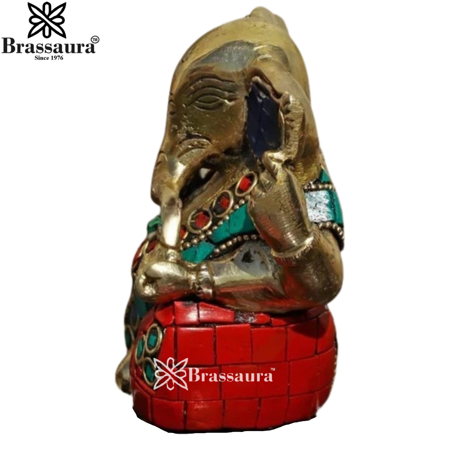 Brass Gem Stone Work Ganesha Weight .6 Kg & Height 3.8 Inch