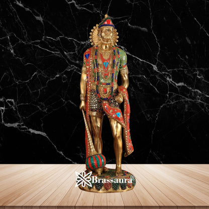 Brassaura™ Gemstone Crafted Brass Hanuman Murti – Height 24 Inches & Weight 13.5 Kgs | Temple Collection