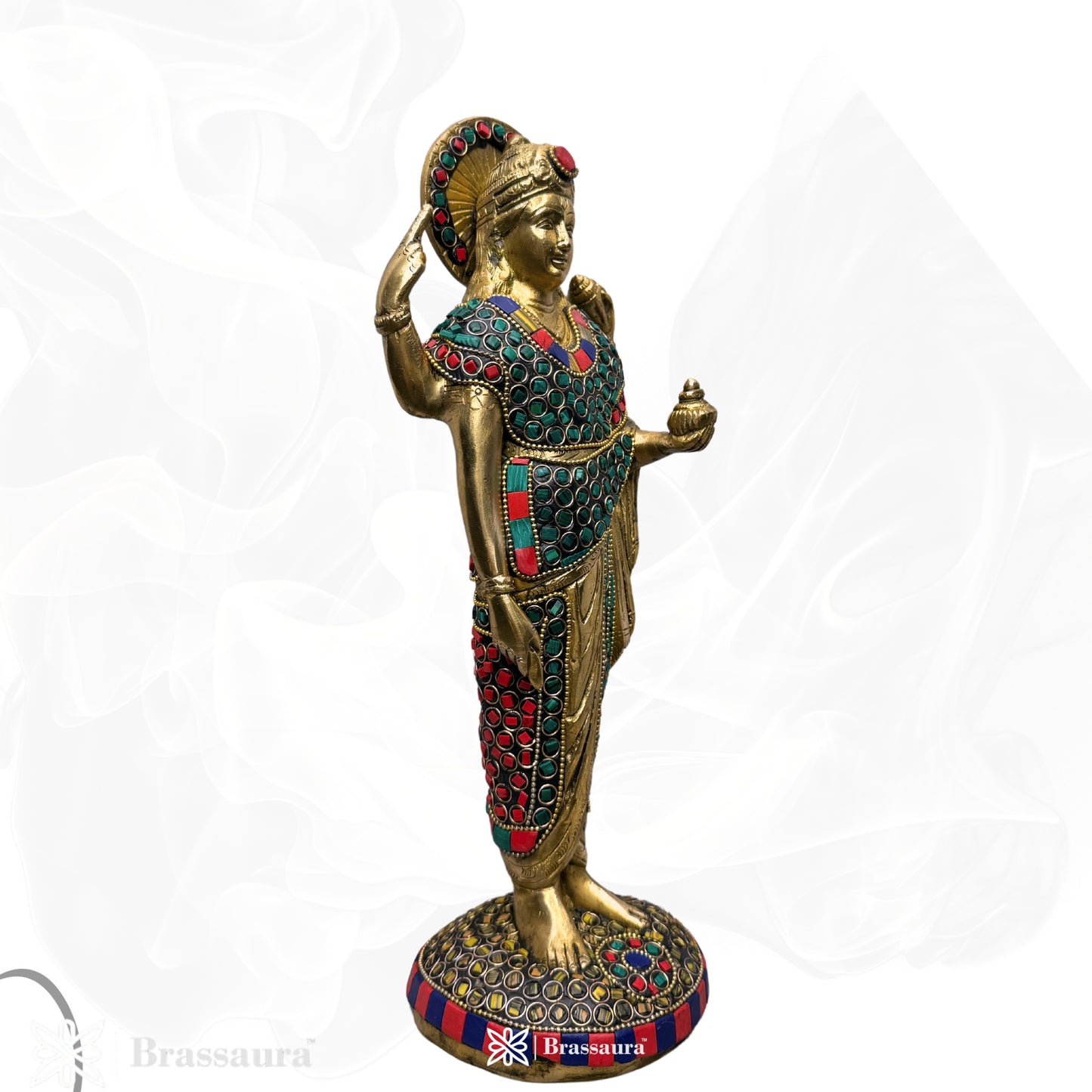 Brassaura™ Brass Dhanavantari Idol Gem Stone Work The Physician of Gods Dhanvantri Decorative Murti Statue Showpiece for Gift Dhanwantri Statue 12 cm Weight 2.50 Kg