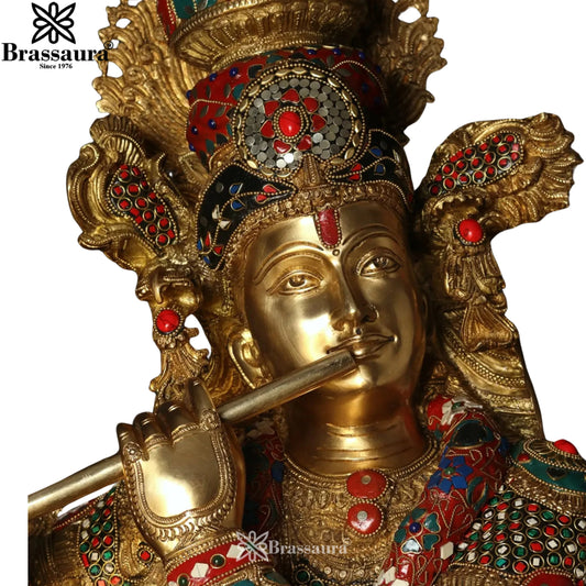 Brassaura® Large Brass Lord Krishna Idol with Colorful Stone Work | Handcrafted Krishna Playing Flute Statue for Home Temple, Luxury Décor & Spiritual Spaces | Height 45 Inches | Weight 48 Kg