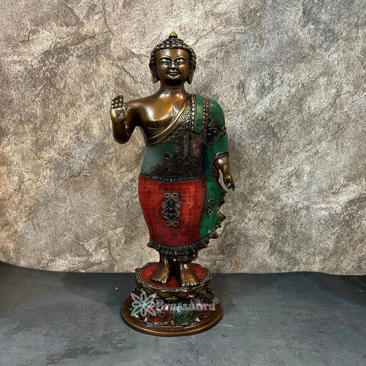 Brass Standing Blessing Gem Stone Work Buddha Weight 7.7 kg & Height 21 Inch