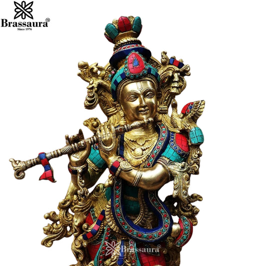 Brassaura® Colorful Lord Krishna Playing Flute Brass Idol | Handcrafted Brass Murti with Decorative Stone Work | Premium Krishna Statue for Home Temple, Pooja Room & Spiritual Décor | Height 29 Inches | Weight 16 Kg