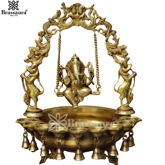 Brassaura® Ganesha Jhula Brass Urli with Diyas & Bells | Handcrafted Decorative Centerpiece | Height 21 Inches & Weight 12.5 Kgs