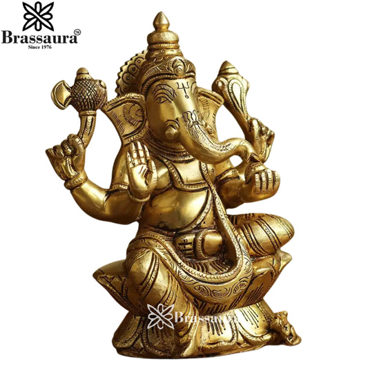 Brassaura® Elegant Seated Ganesha Brass Idol | Classic Devotional Design | Height 8 Inches