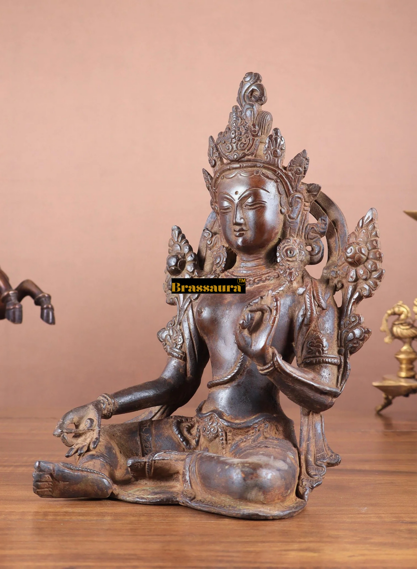 Brassaura™ Vintage Brass Green Tara Statue – Height 10.5 Inches, Weight 3.13 Kgs