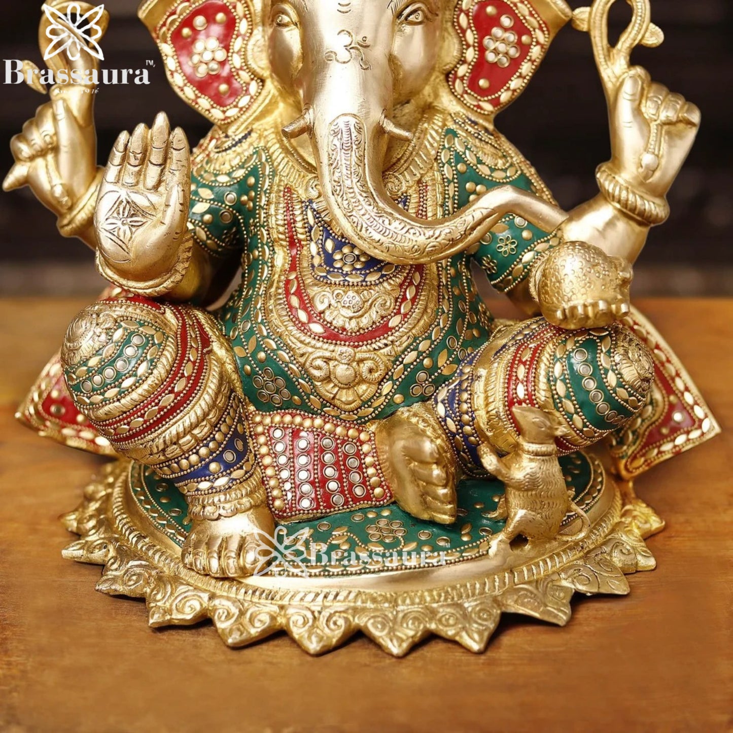 Brass Gem Stone Work Ganesha Weight 13 Kg & Height 13.5 Inch