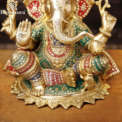 Brass Gem Stone Work Ganesha Weight 13 Kg & Height 13.5 Inch