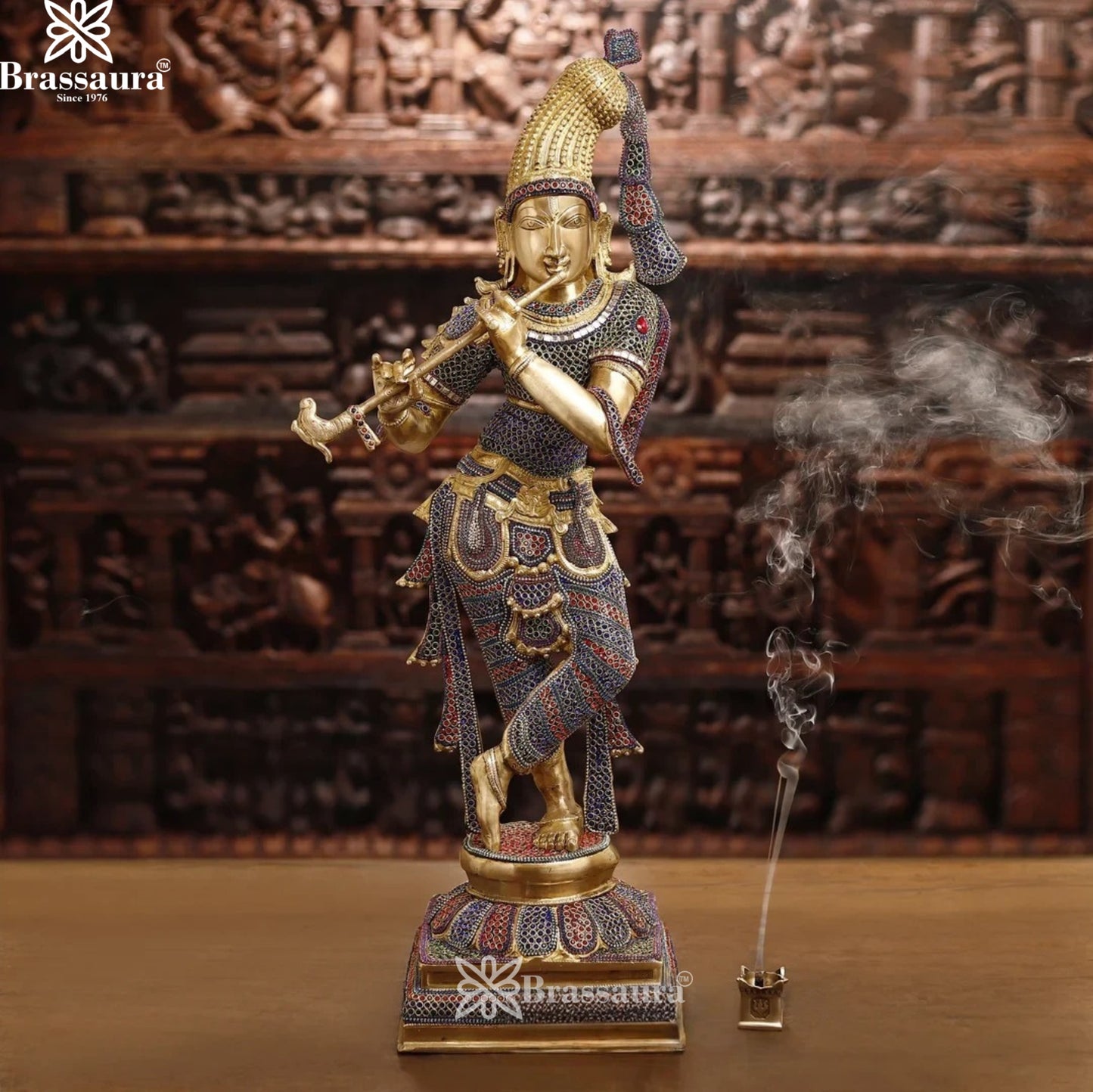 Brass Gem Stone Work Krishna Murti Weight 25.78 Kg And Height 35.5 Inch