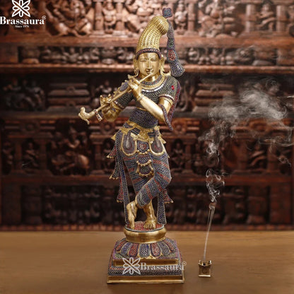 Brass Gem Stone Work Krishna Murti Weight 25.78 Kg And Height 35.5 Inch