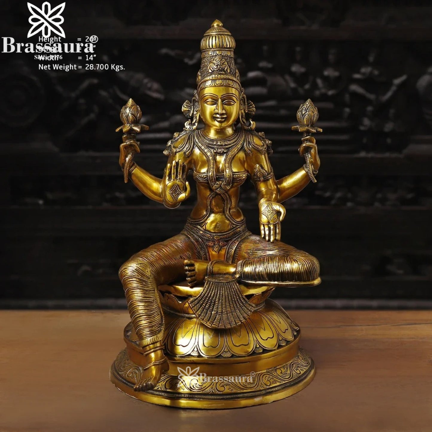 Brassaura™ Handcrafted Brass Laxmi Idol – Height 24 Inches & Weight 28.7 Kgs | Devotional Statue