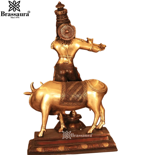 Brassaura® Antique Copper & Gold Brass Lord Krishna Playing Flute with Sacred Cow Idol | Premium Handcrafted Brass Murti for Home Temple & Spiritual Décor | Height 26.5 Inches | Weight 26.7 Kg