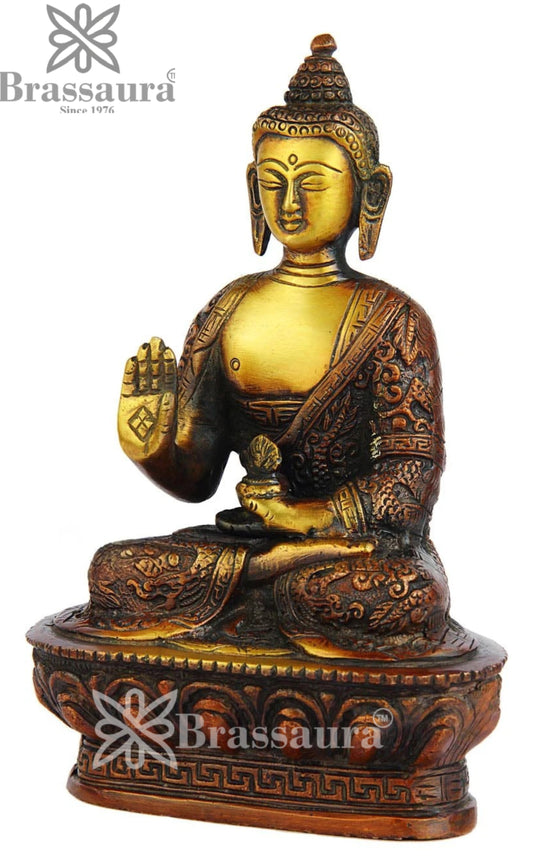 Brassaura® Buddha Sitting in Abhaya Mudra with Antique Brown & Gold Finish | Pure Superfine Brass Handcrafted Murti | Brass Statue for Home Temple, Pooja Room | Height 7 Inches | Weight 1 Kg