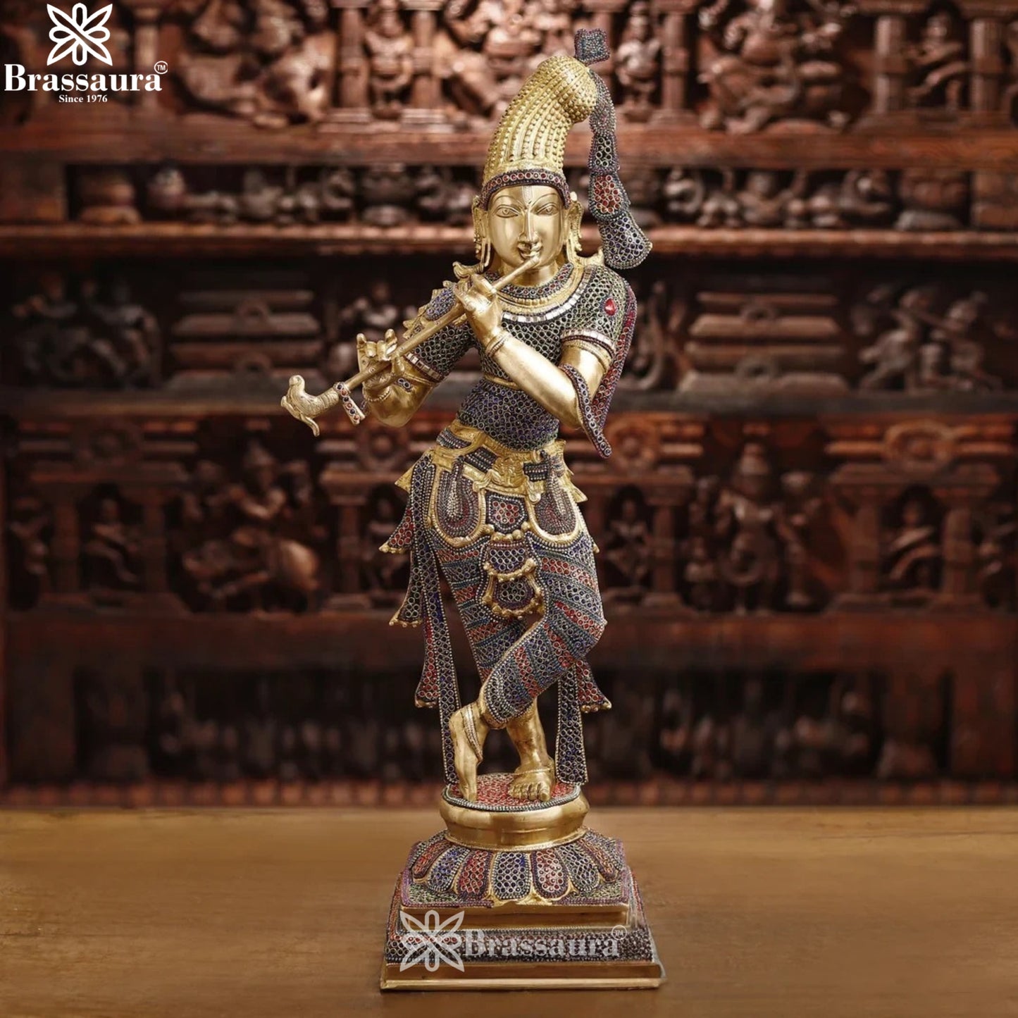 Brass Gem Stone Work Krishna Murti Weight 25.78 Kg And Height 35.5 Inch