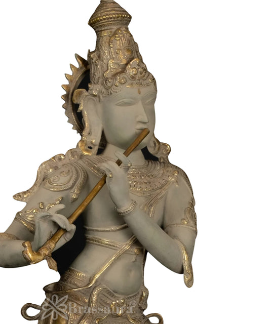 Brassaura® Brass Kesava Lord Krishna Playing Flute Idol | Pure Brass Handcrafted Murti | Krishna Statue for Home Temple, Living Room & Spiritual Décor | Height 34 Inches | Weight 20.3 Kgs