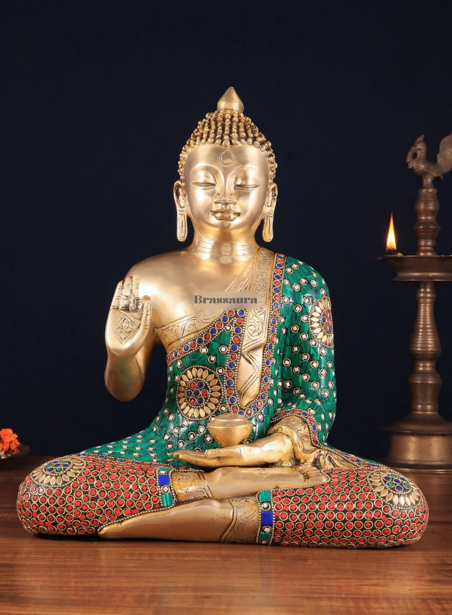Brassaura™ Brass Buddha Statue in Abhaya Mudra – Height 14 Inches, Weight 8 Kgs