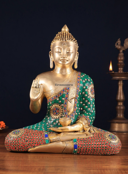 Brassaura™ Brass Buddha Statue in Abhaya Mudra – Height 14 Inches, Weight 8 Kgs