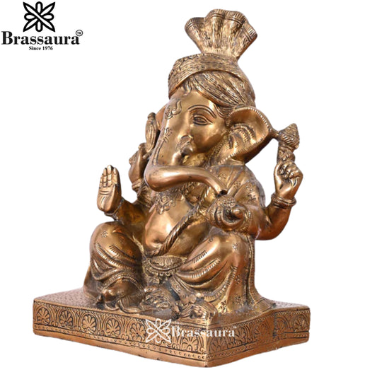 Brassaura® Grand Ganapati Brass Idol | Traditional Seated Form with Ornate Base | Height 12 Inches