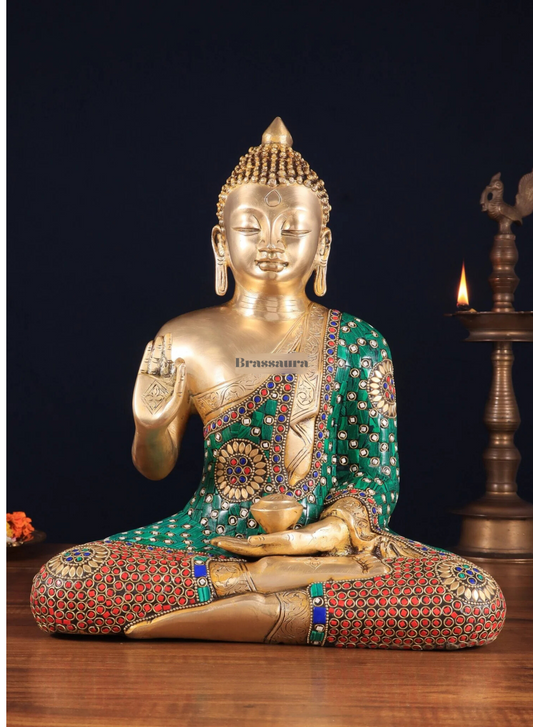 Brassaura™ Pure Brass Buddha Statue in Abhaya Mudra – Height 14 Inches, Weight 8 Kgs