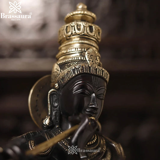 Brassaura® Lord Krishna Playing Flute with Cow Idol with Golden & Black Patina Finish | Pure Superfine Brass Handcrafted Murti | Brass Statue for Home Temple, Pooja Room | Height 26 Inches | Weight 27.200 Kgs