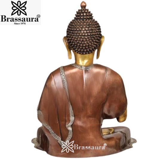 Brassaura® Buddha Sitting in Blessing Mudra Idol with Vintage Finish | Pure Superfine Brass Handcrafted Murti | Brass Statue for Home Temple, Pooja Room | Height 28 Inches | Weight 27 Kgs