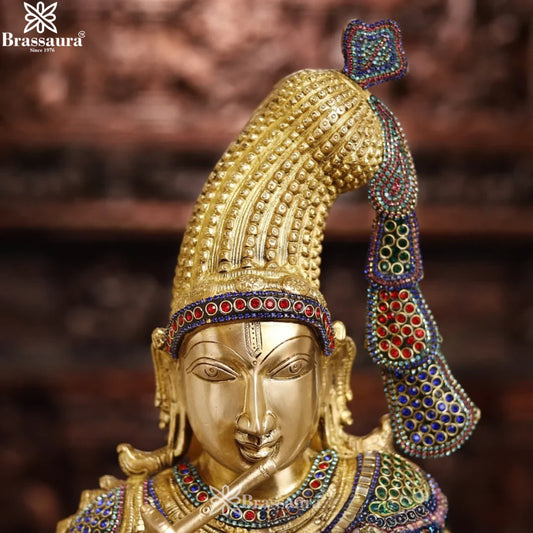 Brassaura® Lord Krishna Playing Flute Idol with Stonework | Pure Superfine Brass Handcrafted Murti | Brass Statue for Home Temple, Pooja Room & Living Room | Height 35.5 Inches | Weight 25.78 Kgs