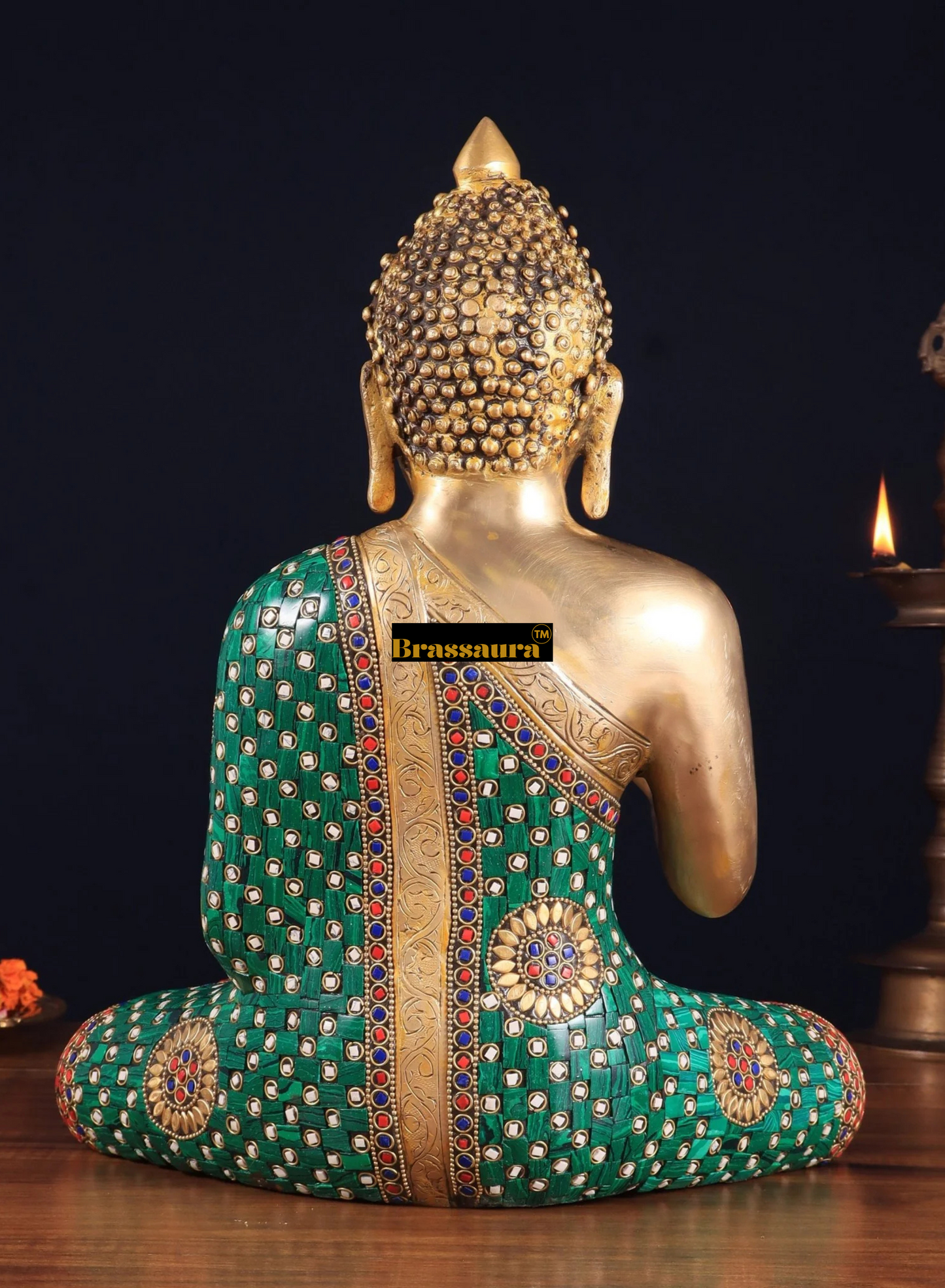 Brassaura™ Pure Brass Buddha Statue in Abhaya Mudra – Height 14 Inches, Weight 8 Kgs