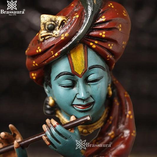 Brassaura® Modern Lord Krishna Playing Flute Idol | Pure Superfine Brass Handcrafted Multicolor Murti | Contemporary Brass Statue for Home Temple, Living Room & Office Décor | Height 20.5 Inches | Weight 7.52 Kgs