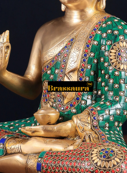 Brassaura™ Pure Brass Buddha Statue in Abhaya Mudra – Height 14 Inches, Weight 8 Kgs