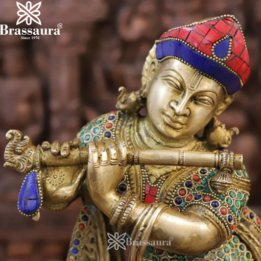 Brassaura® Lord Krishna Playing Flute with Sacred Cow Idol | Premium Brass Idol with Semi-Precious Stone Work | Handcrafted Murti for Home Temple, Pooja Room & Spiritual Décor | Height 19.5 Inches | Weight 16.3 Kgs