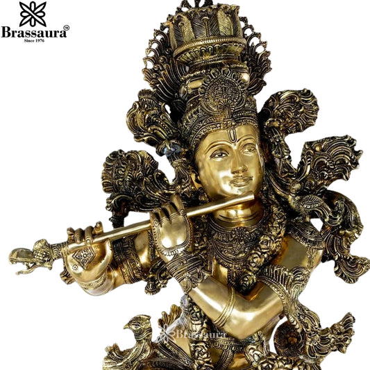 Brassaura® Lord Krishna Playing Flute Seated Idol with Golden Brass Finish | Pure Superfine Brass Handcrafted Murti | Brass Statue for Home Temple, Pooja Room | Height 43 Inches | Weight 78 Kgs