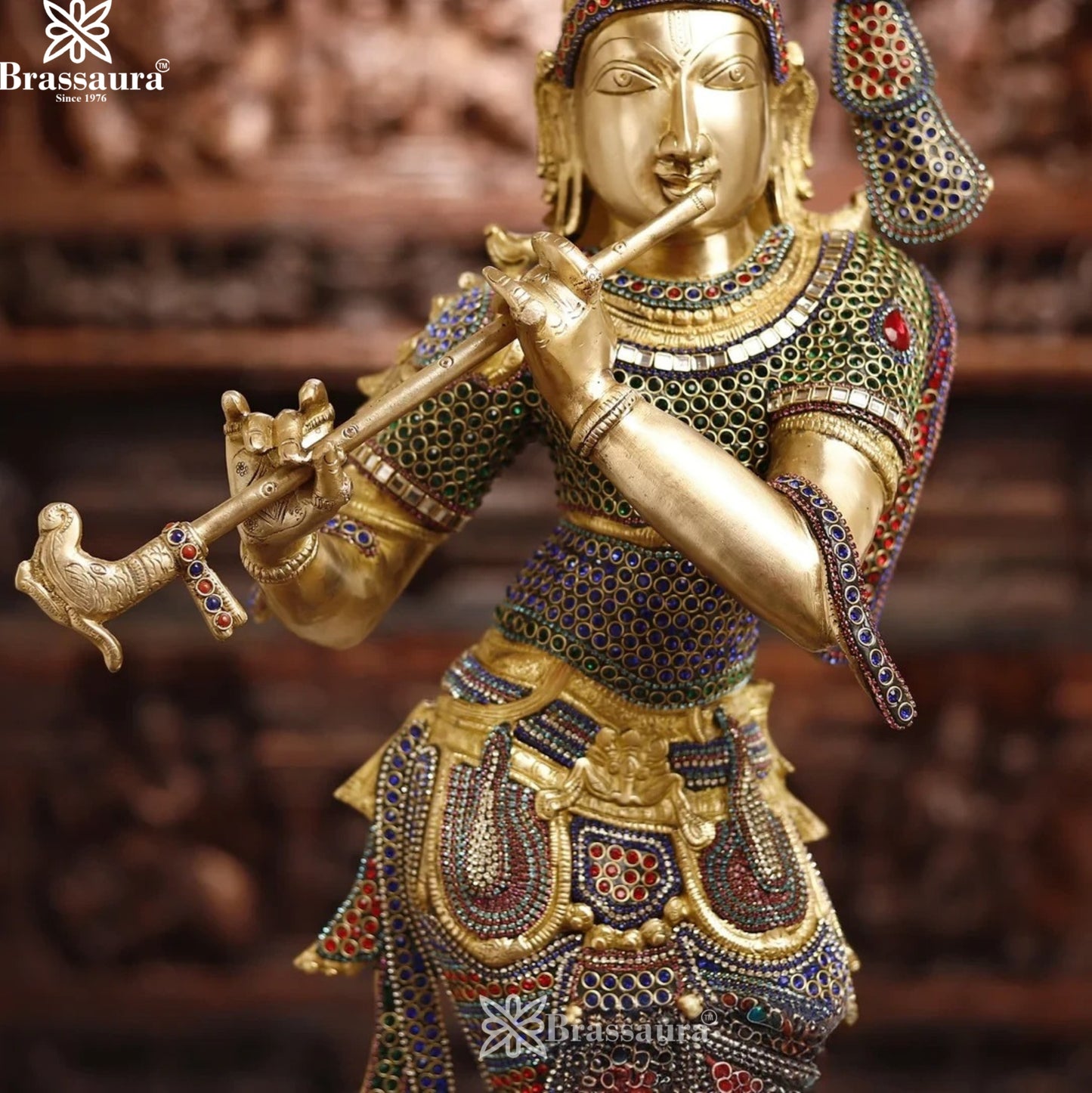 Brass Gem Stone Work Krishna Murti Weight 25.78 Kg And Height 35.5 Inch