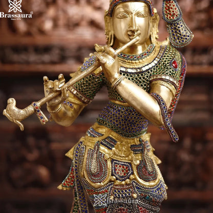 Brass Gem Stone Work Krishna Murti Weight 25.78 Kg And Height 35.5 Inch