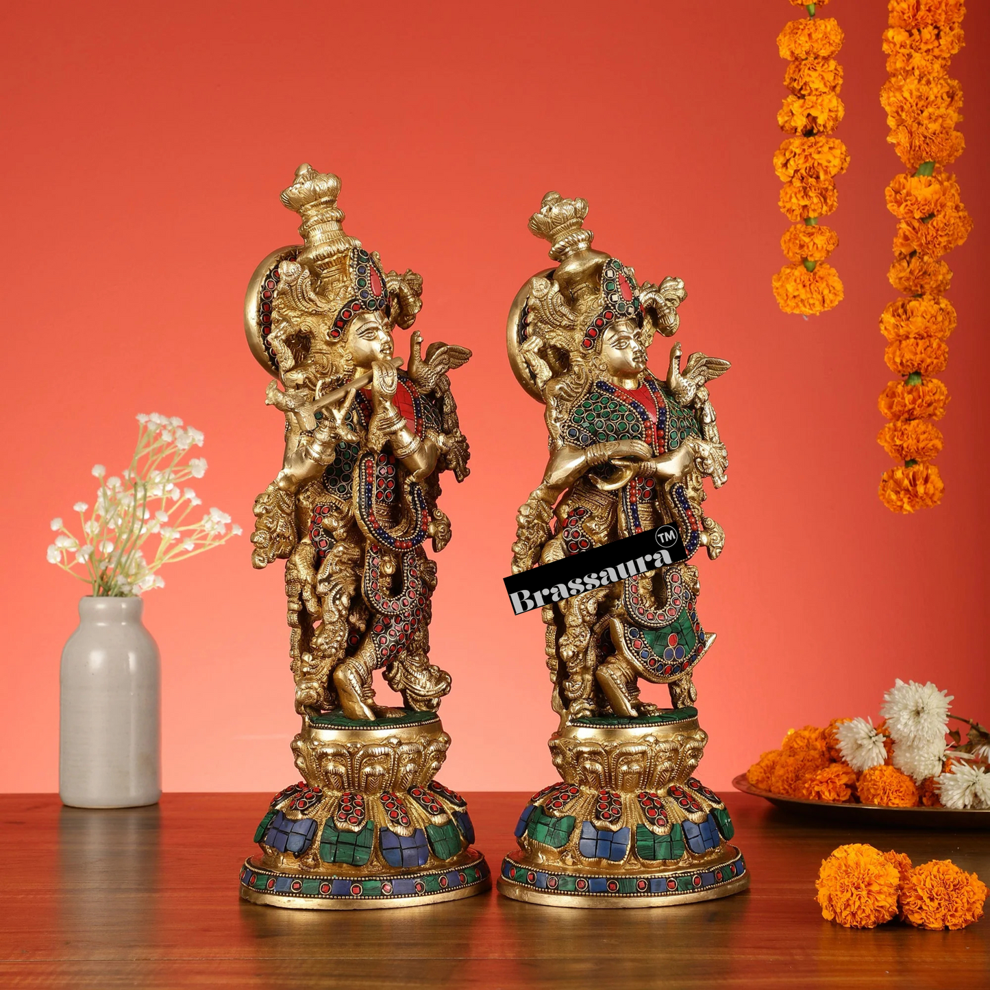 Brassaura™ Brass Radha Krishna Idol Pair with Multicolored Meenakari – Height 15 Inches & Weight 10 Kgs | Elegant Devotional Statue
