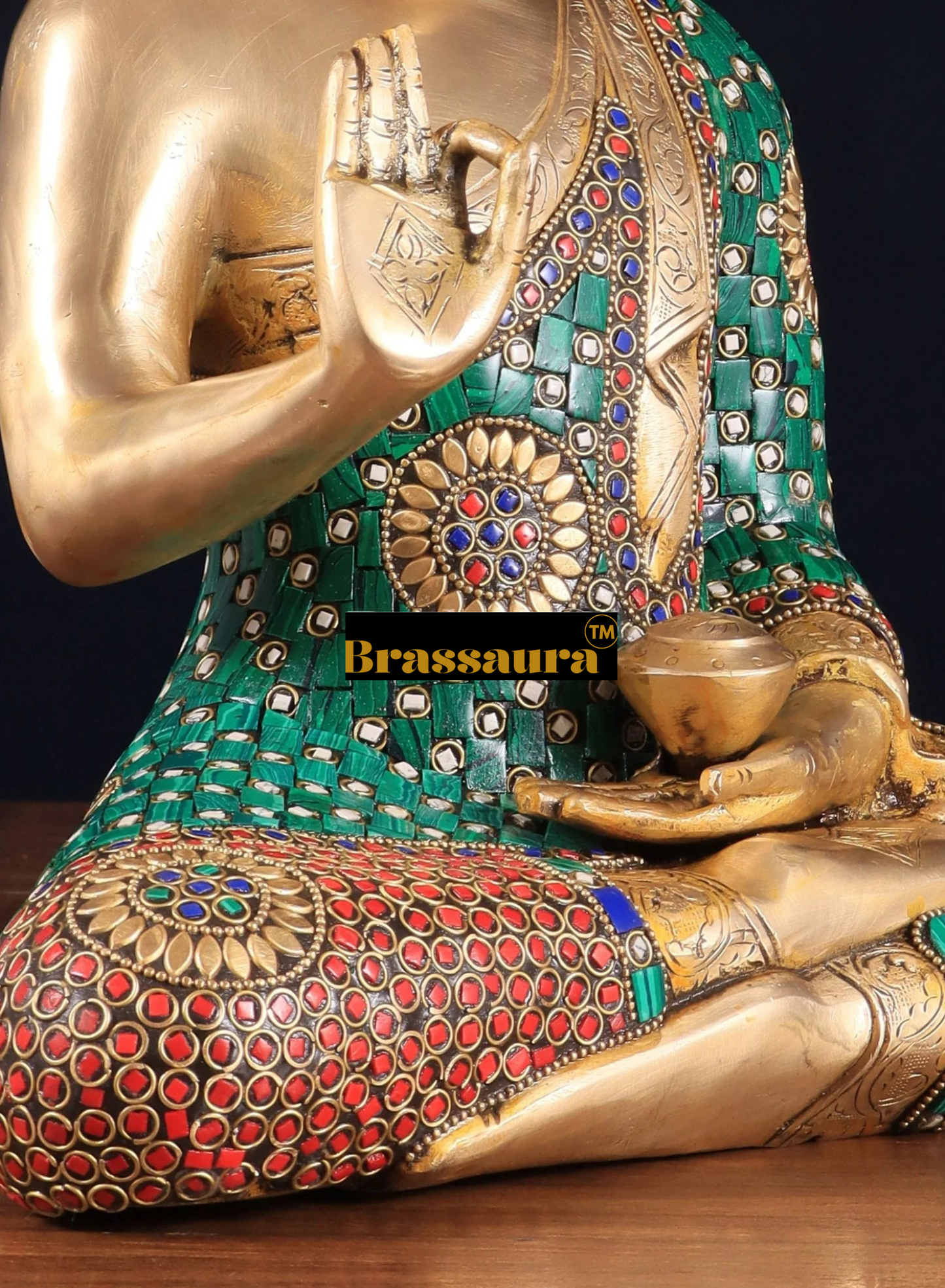 Brassaura™ Pure Brass Buddha Statue in Abhaya Mudra – Height 14 Inches, Weight 8 Kgs