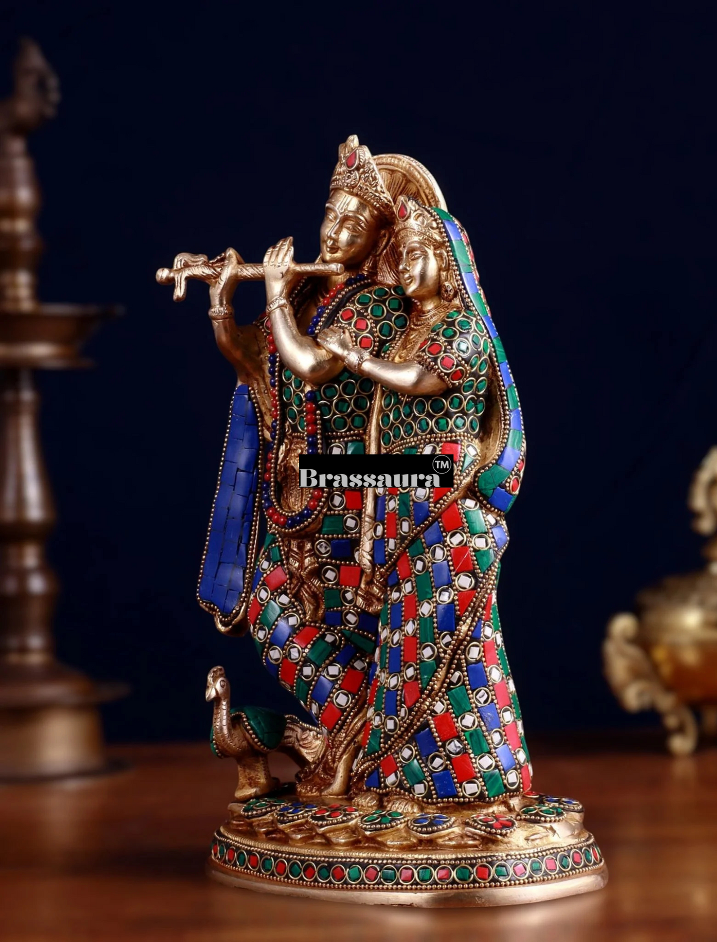 Brassaura™ Brass Radha Krishna Idol with Meenakari – Height 12 Inches & Weight 4 Kgs | Elegant Devotional Statue