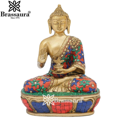 Brass Blessing Gem Stone Work Buddha Weight 3.5 kg & Height 9 Inch