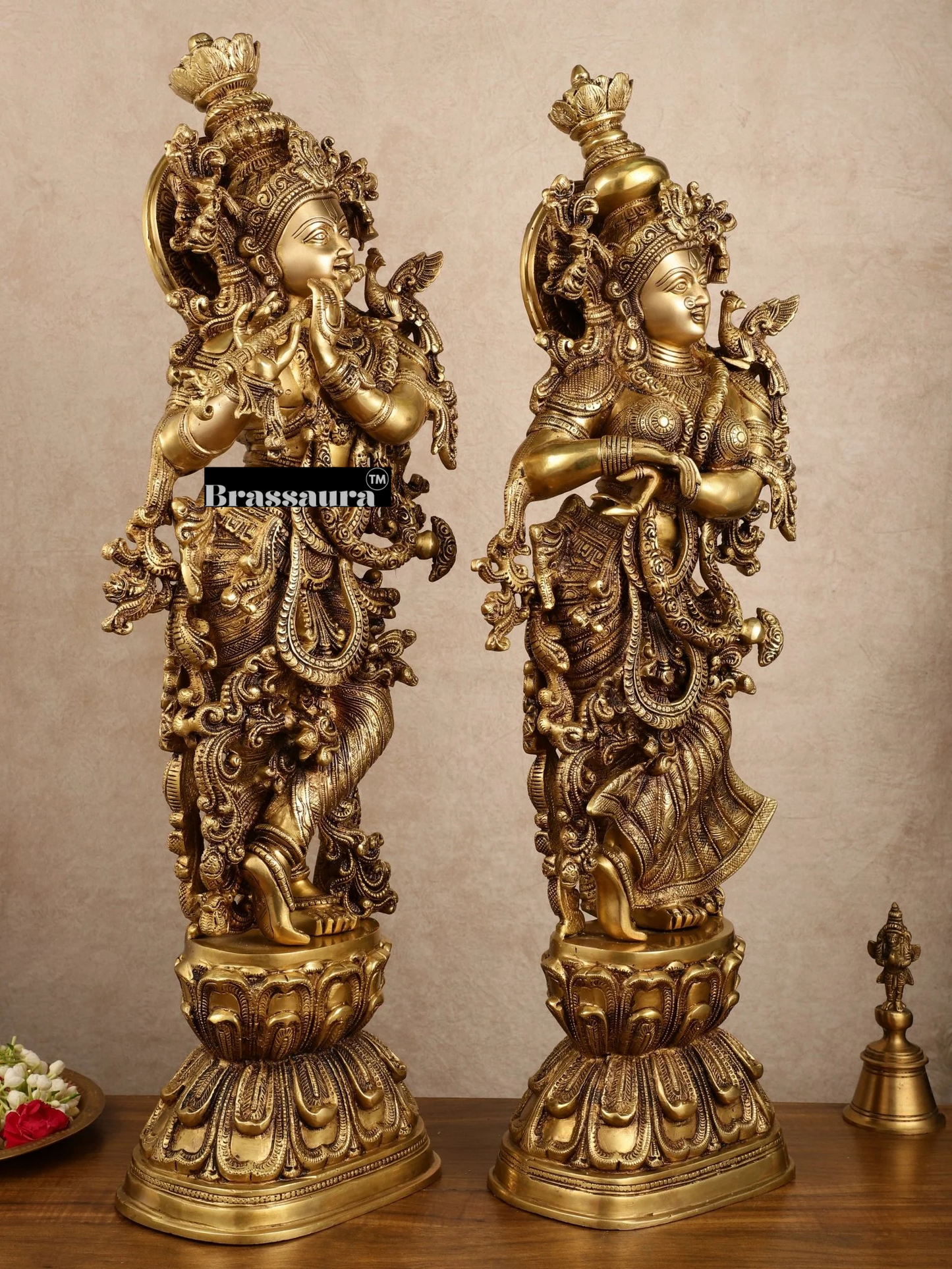Brassaura™ Pure Brass Superfine Radha Krishna Statue – 30 Inch Height, 33 Kg Pair | Elegant Spiritual Home Decor