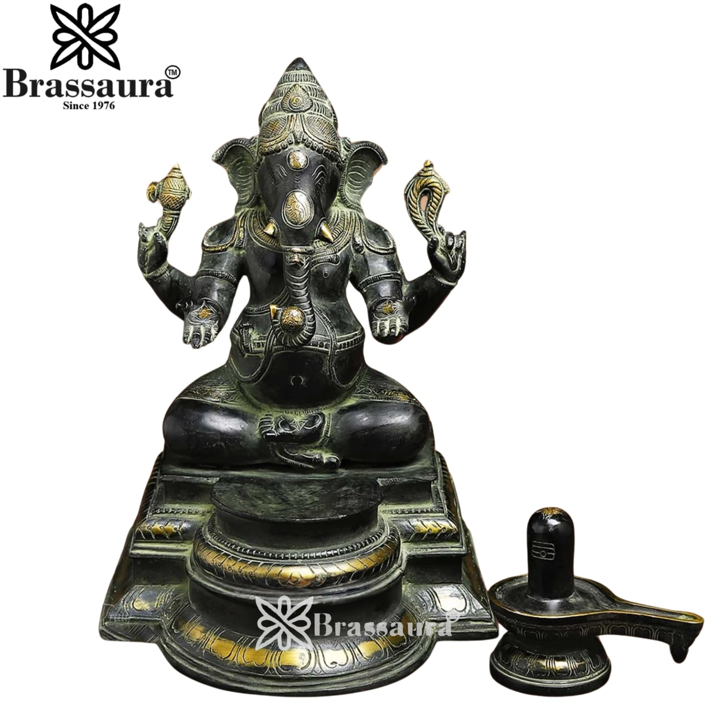 Brass Ganesha With Shivling Statue Weight 10.5 Kg And Height 14.5 Inch