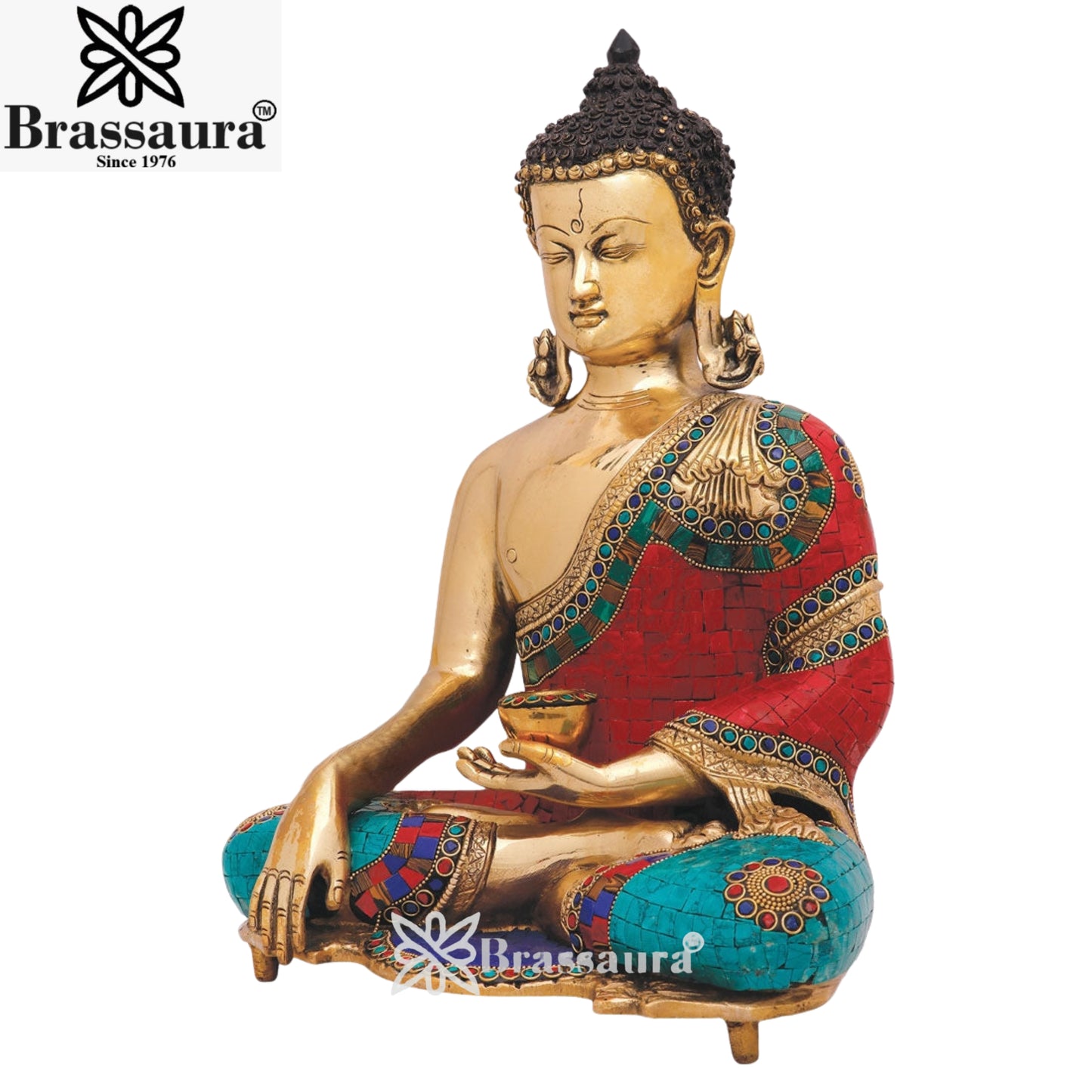 Brass Bhumisprasa Gem Stone Work Buddha Weight 11 kg & Height 16 Inch
