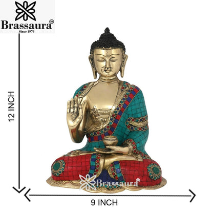 Brass Blessing Gem Stone Work Buddha Weight 5.5 kg & Height 12 Inch