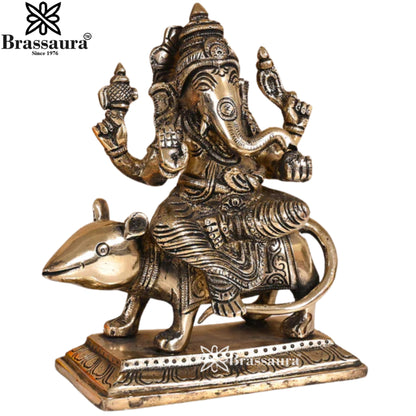 Brass Ganesha On Rat Statue Weight 2 Kg & Height 7 Inch