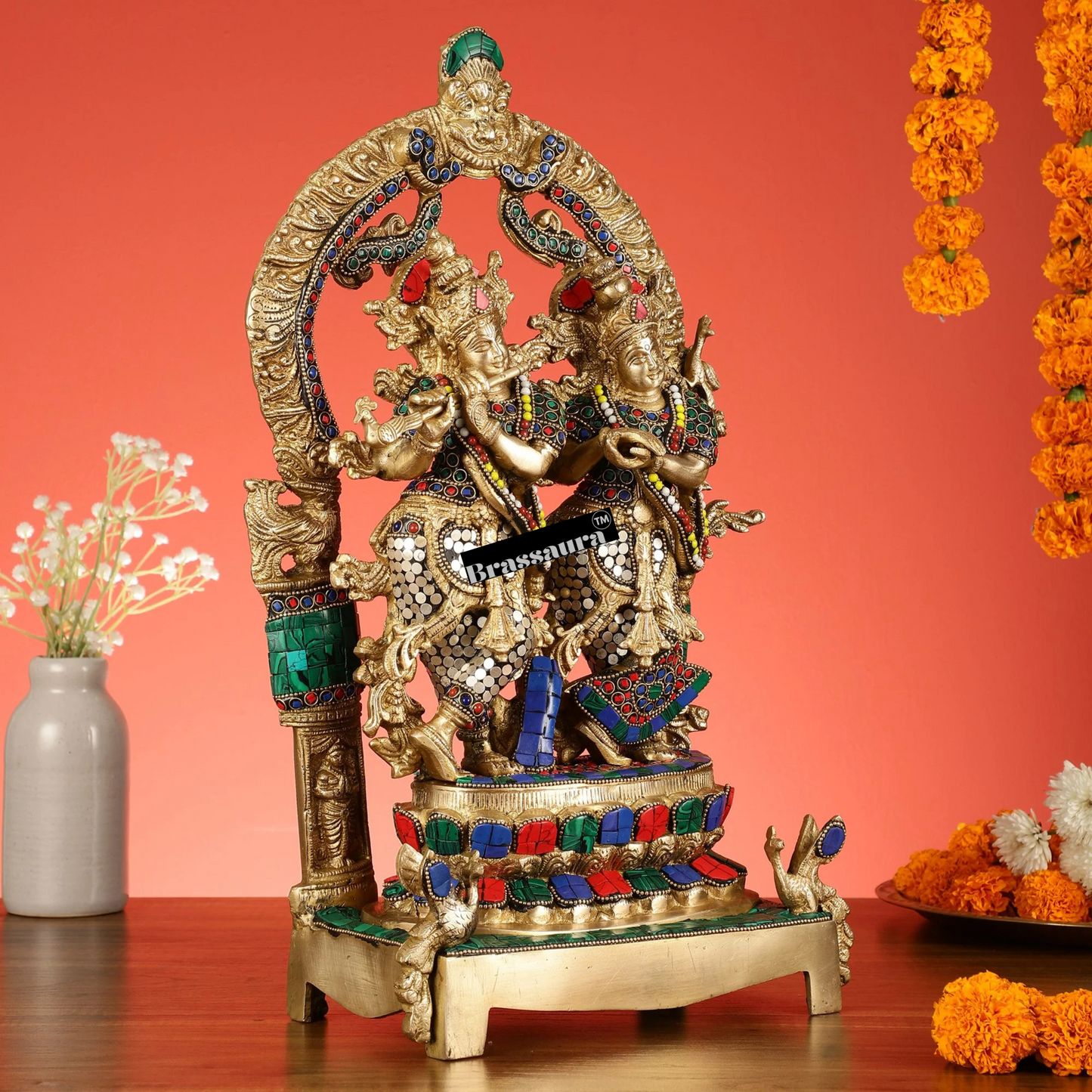 Brassaura™ Brass Radha Krishna Idol Pair with Peacocks & Prabhavali – Height 17.5 Inches & Weight 10 Kgs | Divine Devotional Statue