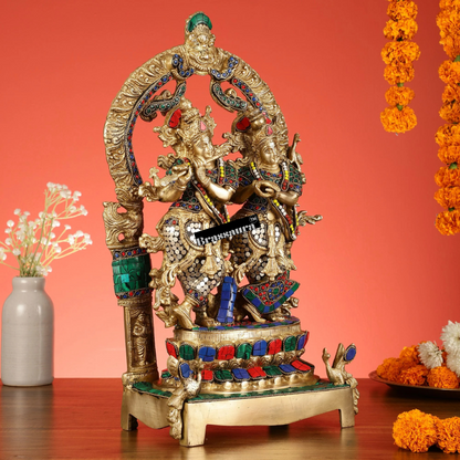 Brassaura™ Brass Radha Krishna Idol Pair with Peacocks & Prabhavali – Height 17.5 Inches & Weight 10 Kgs | Divine Devotional Statue