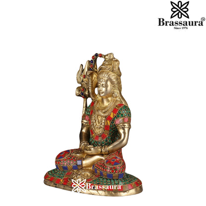 Brassaura™ Gemstone Decorated Brass Lord Shiva Statue – Height 10 Inches & Weight 4.3 Kgs | Spiritual Home Accent