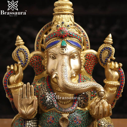 Brass Gem Stone Work Ganesha Weight 22.8 Kg & Height 20 Inch