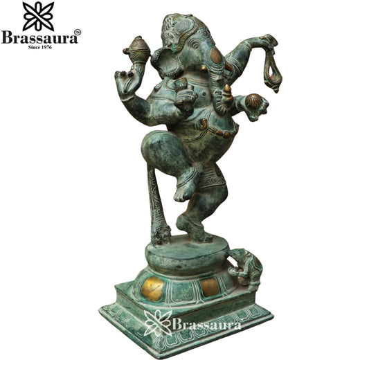 Brassaura® नृत्य गणेश पीतल की मूर्ति एंटीक फ़िनिश के साथ | शुद्ध पीतल | ऊंचाई 17.5 इंच