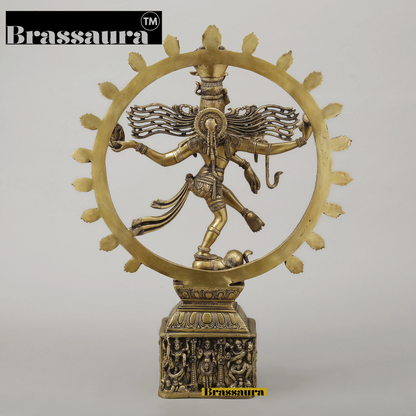 Brassaura™ Brass Nataraja with Parvati Idol – 23 inch | 11.14 kg | Antique Golden Finish | Dancing Shiva & Parvati Statue for Temple & Home Decor