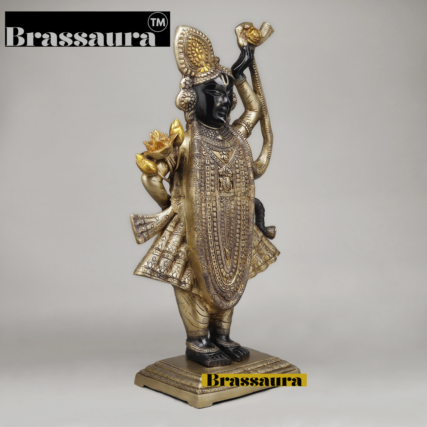 BrassAura™ Brass Krishna as Srinath – Golden & Black Patina Finish | Height 32 Inch | Weight 29.04 Kg