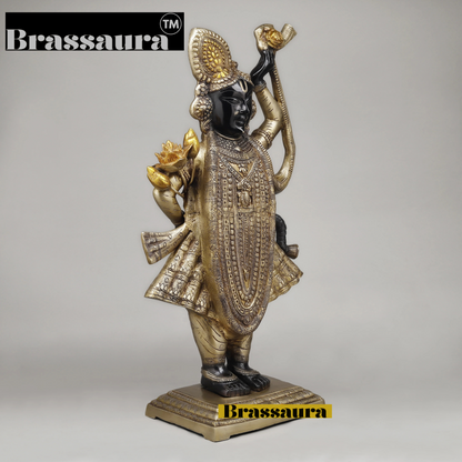 BrassAura™ Brass Krishna as Srinath – Golden & Black Patina Finish | Height 32 Inch | Weight 29.04 Kg