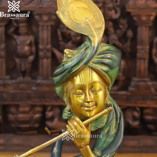 Brassaura® Modern Lord Krishna Playing Flute Idol | Pure Superfine Brass Handcrafted Green Patina & Golden Finish Murti | Premium Contemporary Krishna Statue for Home Temple & Luxury Décor | Height 22 Inches | Weight 6.76 Kgs